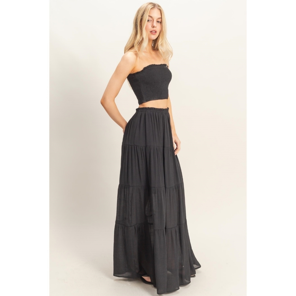 HYFVE Black  Smocked Crop Top & Tiered Rayon Blend Maxi Skirt 2-Piece Set - Picture 3 of 8